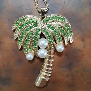 Rhinestone Peridot Palmtree Tropical Beach Palm Necklace Hawaii Island Nautical